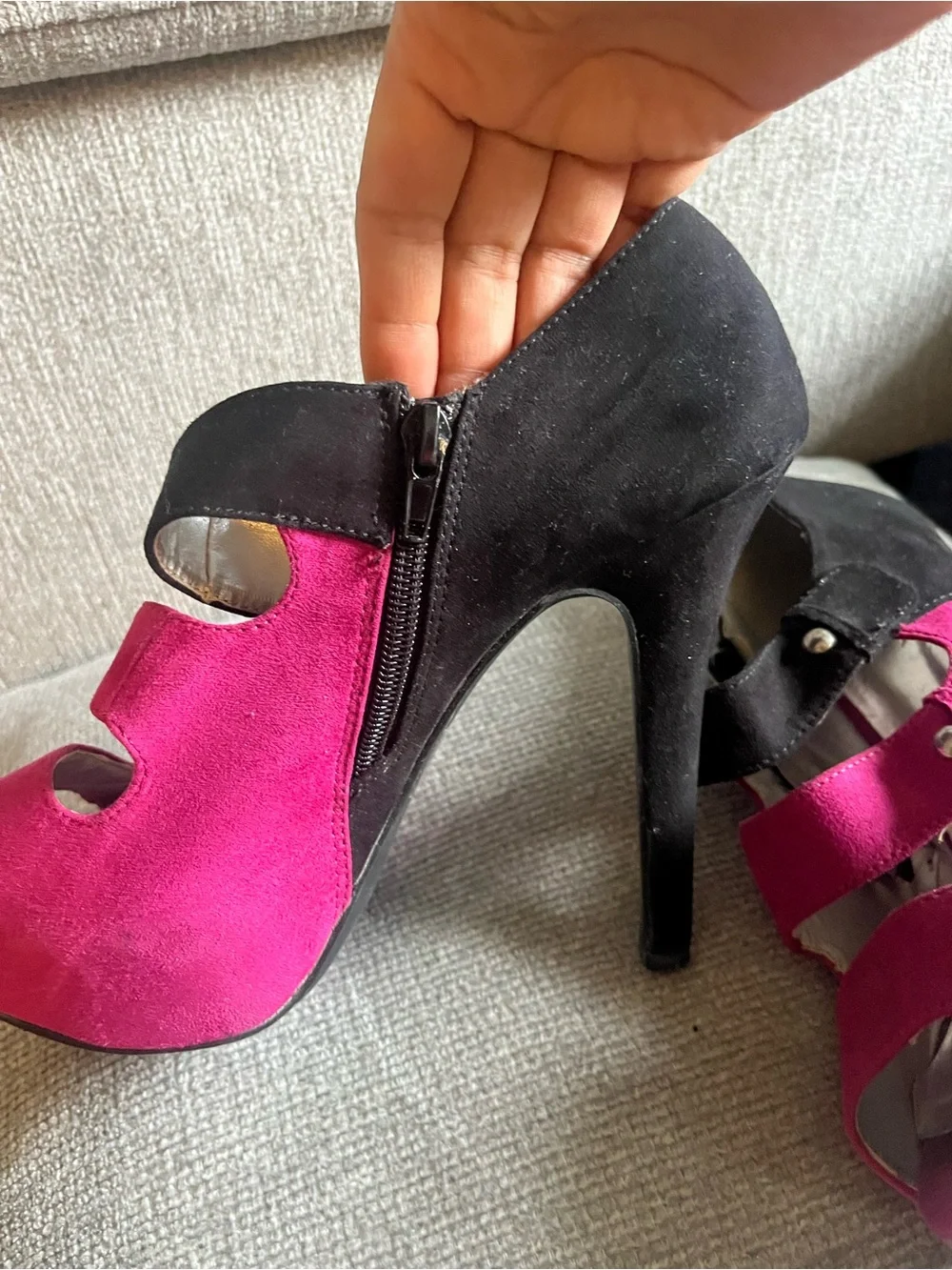 Charlotte Russe Hot Pink and Black Strappy Suede Heels